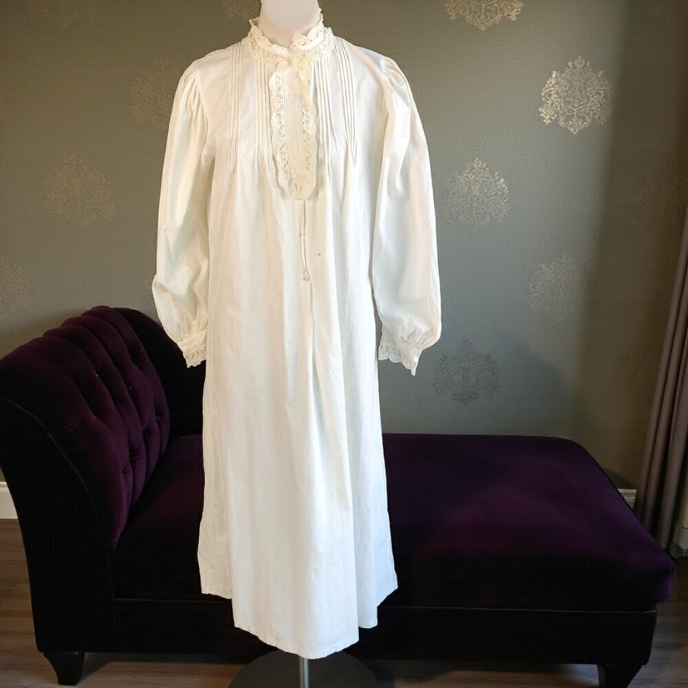 Antique 1900s Victorian Modest 100% Cotton Handmade Lace Collar Cuffs Nightgown - Picture 1 of 9